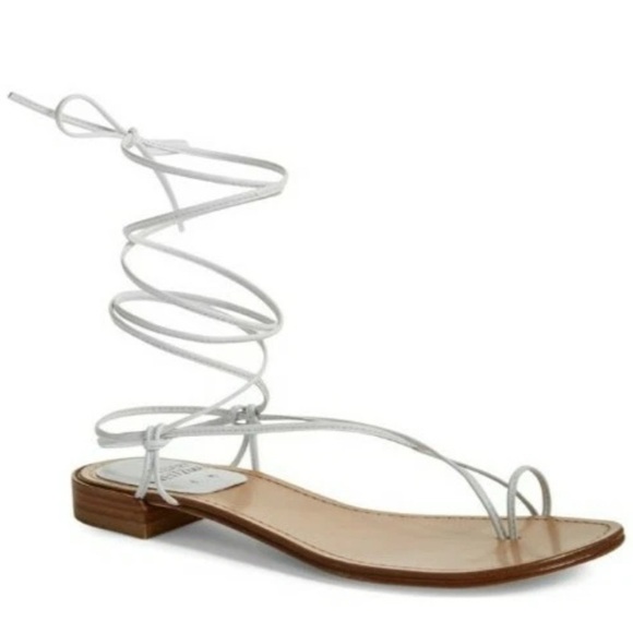 NWOB* Stuart Weitzman Nieta Lace Up Strappy Flat Sandal Size 7 White - Picture 1 of 8